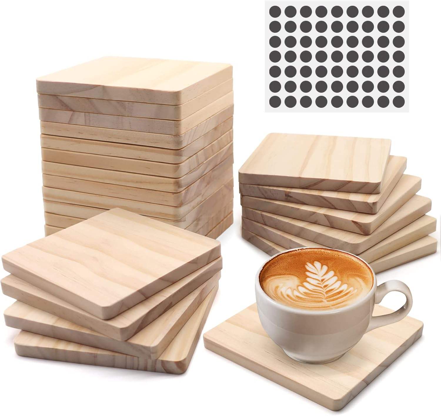 Wooden Square Coasters Set 6mm Thick Non Slip Drink Mats for Coffee Cups, Modern Table Protection Pads for Home & Office